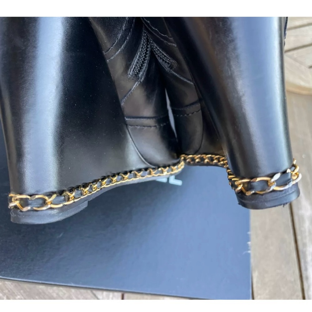CHANEL Black Lambskin Leather Gold Chain Around Wedge Ankle Boots Booties 41 11 - Picture 7 of 13